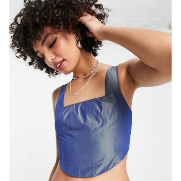 ASOS DESIGN Corset Top In Iridescent Blue Co-Ord. Size 8 - Picture 3 of 16